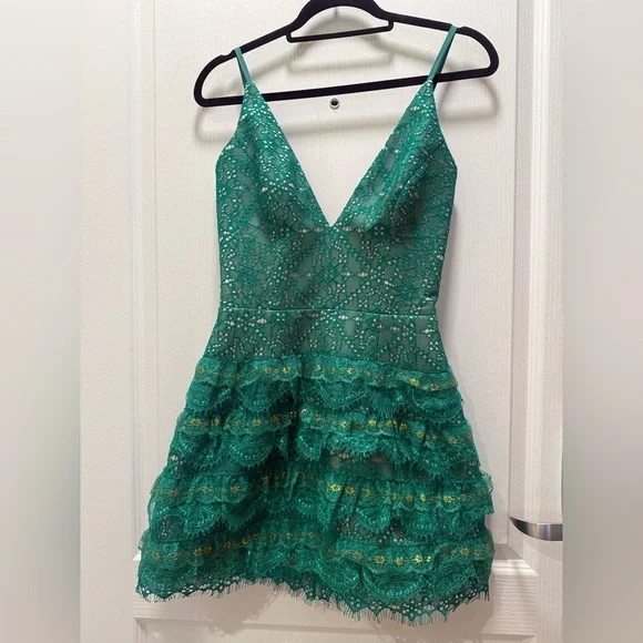 Helsi Emerald Green Lace Mini Dress Size XS – Tiered Ruffle Party Cocktail NWOT - Picture 2 of 6